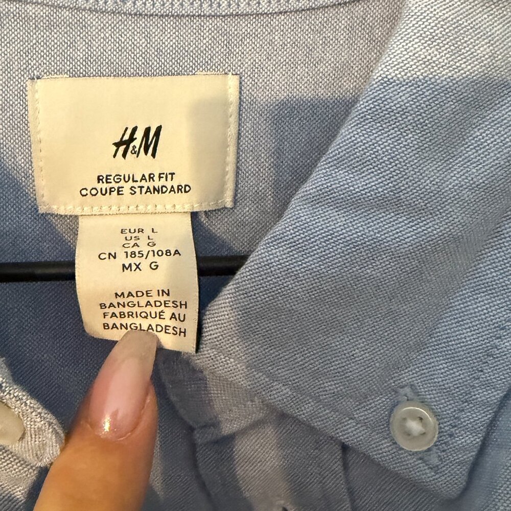 Like New Mens Dress Shirt H&M Denim Gingham Blue Large - Picture 2 of 3